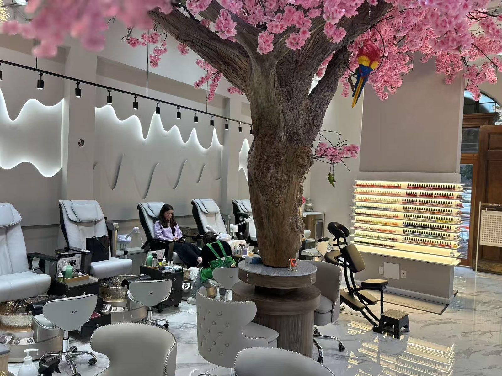 Calm cherry blossom spa lounge at Mega Japanese Nail for waxing and massage in Chelsea NYC
