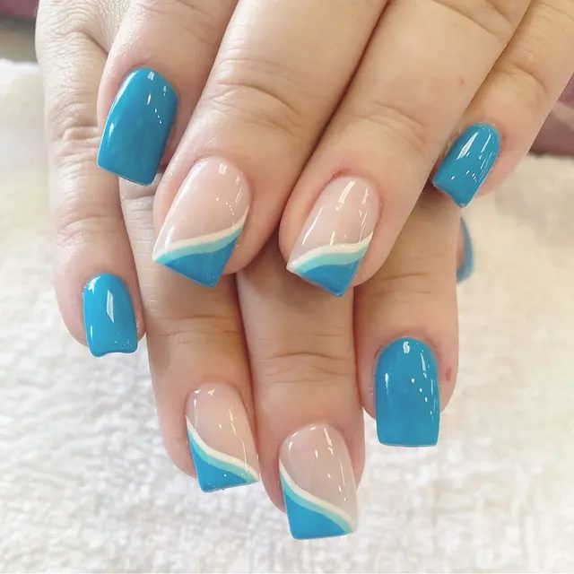 Turquoise French Japanese gel nails at Mega Japanese Nail NYC