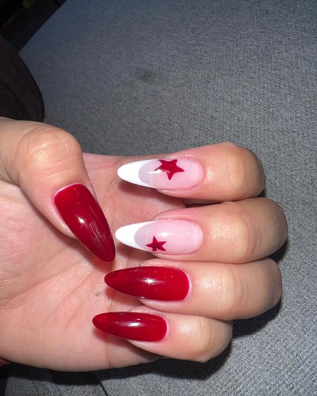 Red star nail art design at Mega Japanese Nail, nail art NYC