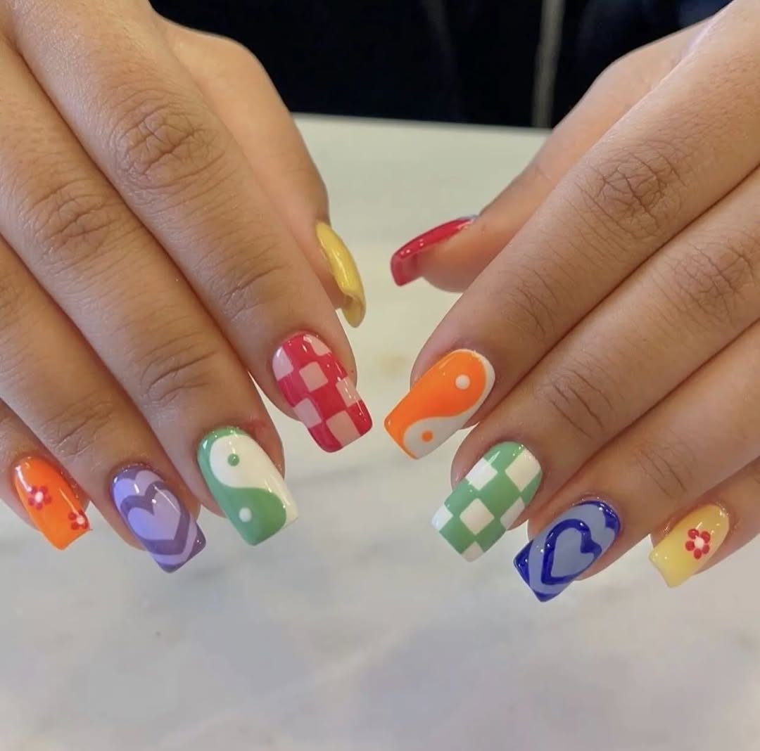 Colorful checkered nail art design at Mega Japanese Nail, Chelsea NYC