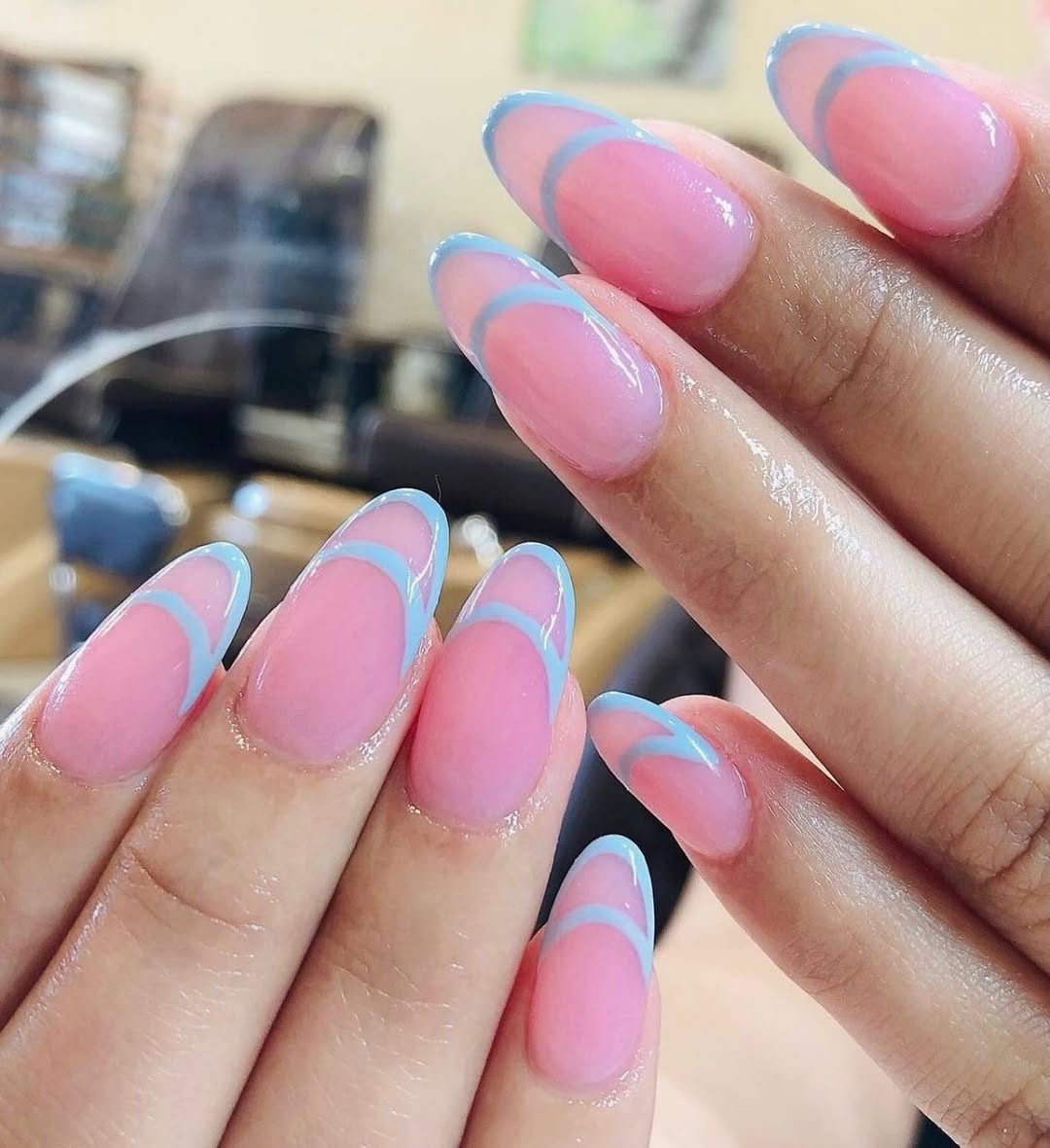 Pink and blue French floral nail art design at Mega Japanese Nail, Chelsea NYC