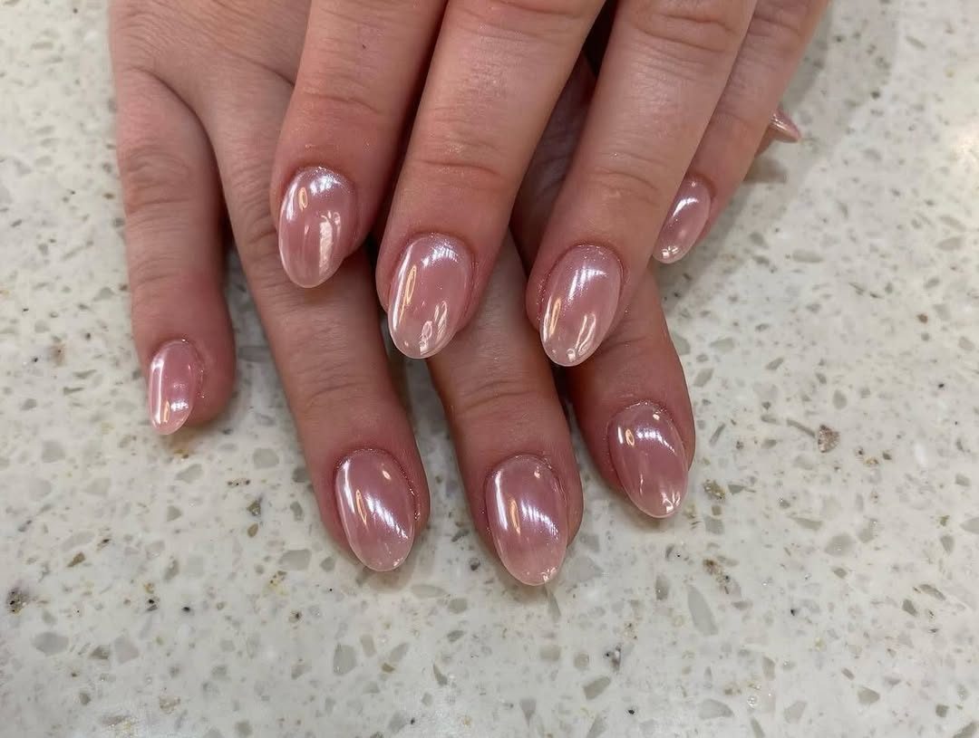 Pink chrome glow gel finish at Mega Japanese Nail, Japanese nail salon Chelsea NYC