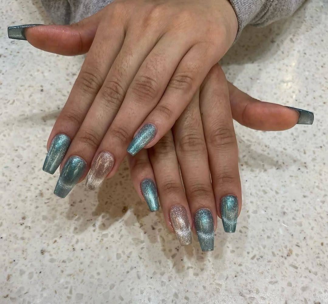 Teal cat-eye shimmer gel nail design at Mega Japanese Nail, Japanese gel nails NYC