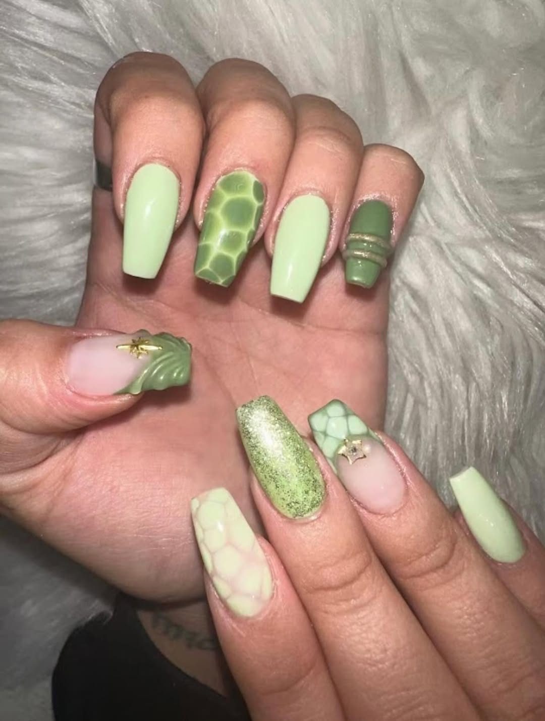 Green marble hand-painted gel nail art at Mega Japanese Nail, nail art NYC