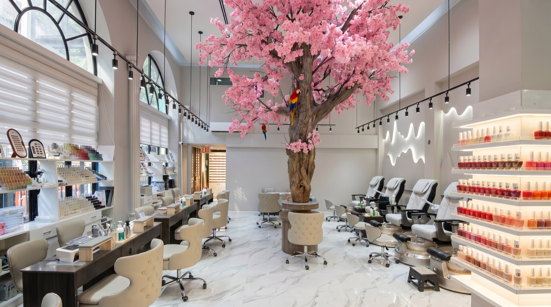 Mega Japanese Nail atelier interior with a cherry blossom tree, marble manicure stations and soft light in Chelsea, Manhattan NYC