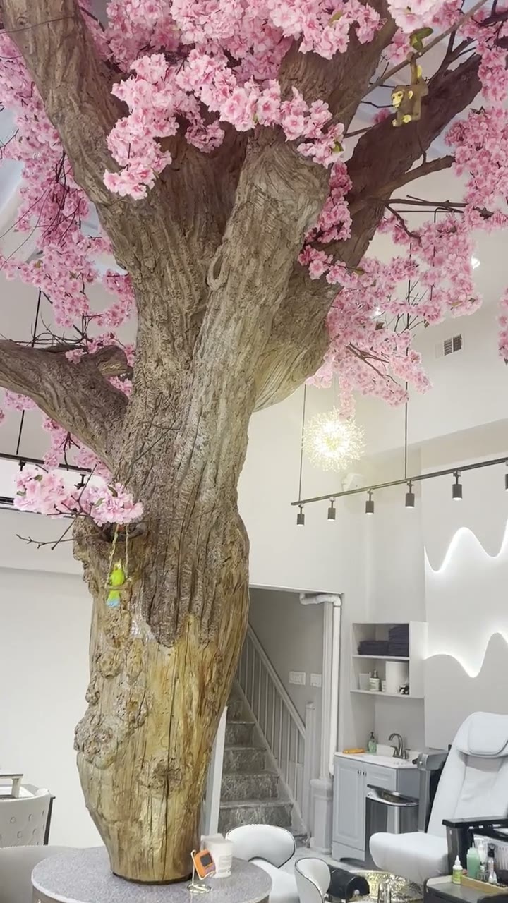 Cherry blossom interior of Mega Japanese Nail salon in Chelsea, Manhattan NYC